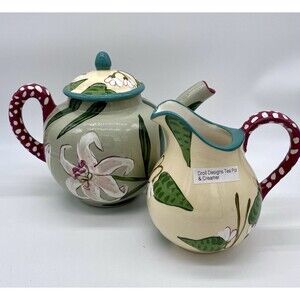 Droll Designs Small Lilly Tea Pot & Creamer Floral Hand Painted Signed